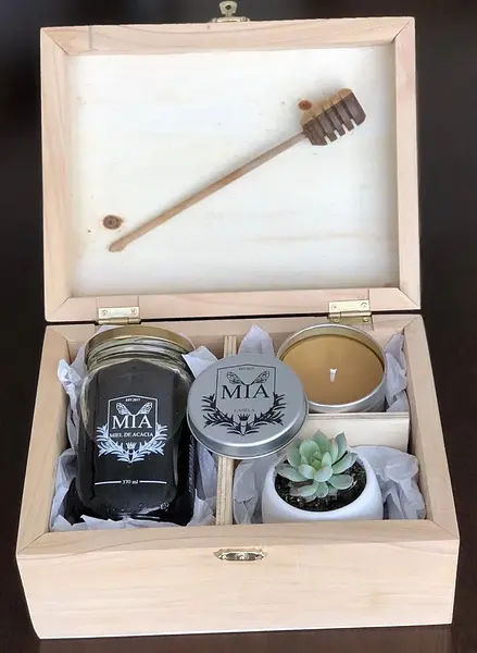 Caja de Pino con Miel de Acacia de 370 Ml, Molinillo, Vela y Maceta.