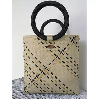Bolso Esfera de Zuncho Beige con Cintas Rojas y Negras Artesanal