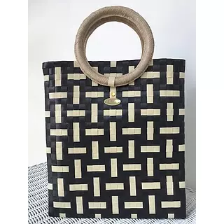 Bolso de Zuncho Beige con Negro con Asa de Cuero Artesanal